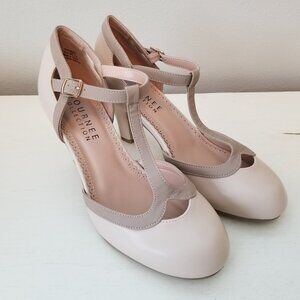 Vintage Style Round Toe T-Strap Two Tone Nude Ladies Heels Size 7 1/2 Brand New